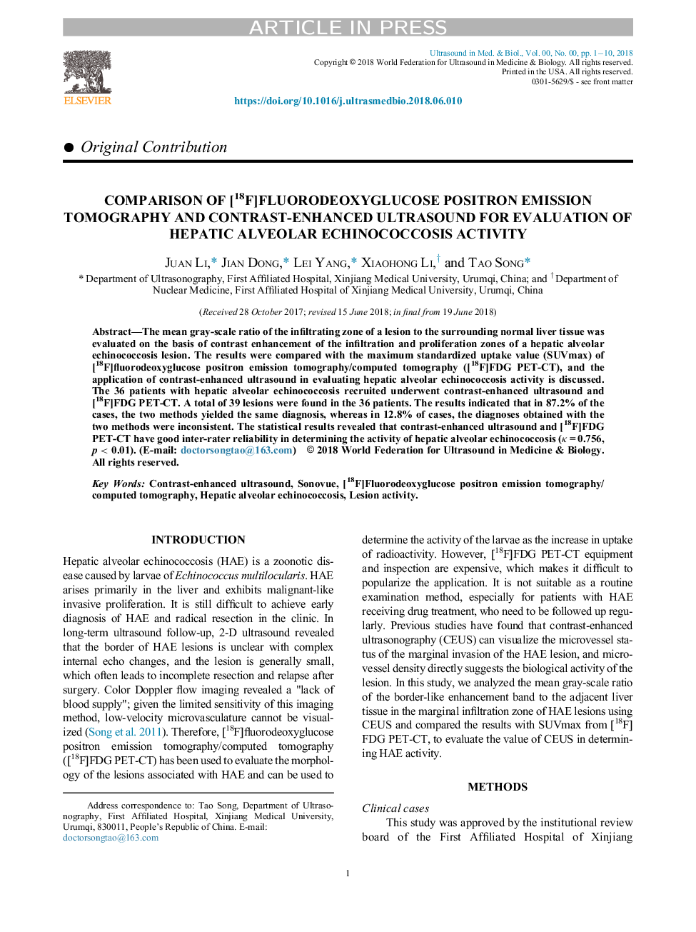 Comparison of [18F]Fluorodeoxyglucose Positron Emission Tomography and Contrast-Enhanced Ultrasound for Evaluation of Hepatic Alveolar Echinococcosis Activity