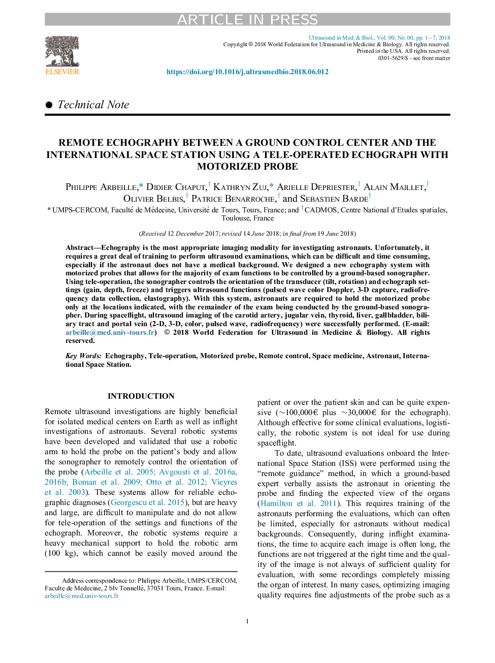 اکووگرافی از راه دور بین یک مرکز کنترل زمین و ایستگاه فضایی بین المللی با استفاده از یک تکه تکه تکه با پروب موتور