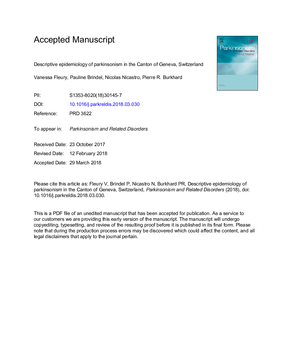 Descriptive epidemiology of parkinsonism in the Canton of Geneva, Switzerland