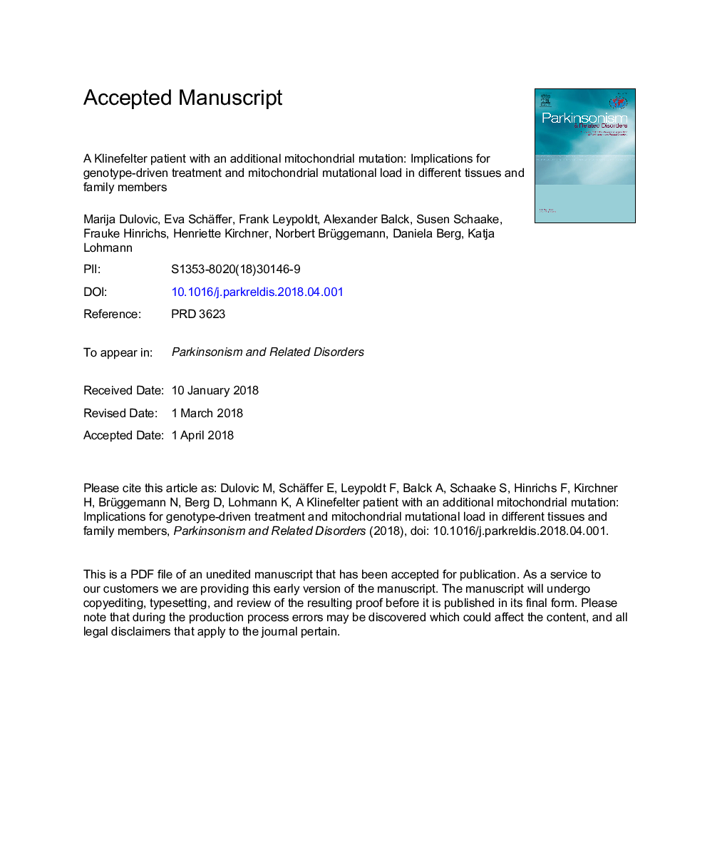 A Klinefelter patient with an additional mitochondrial mutation: Implications for genotype-driven treatment and mitochondrial mutational load in different tissues and family members