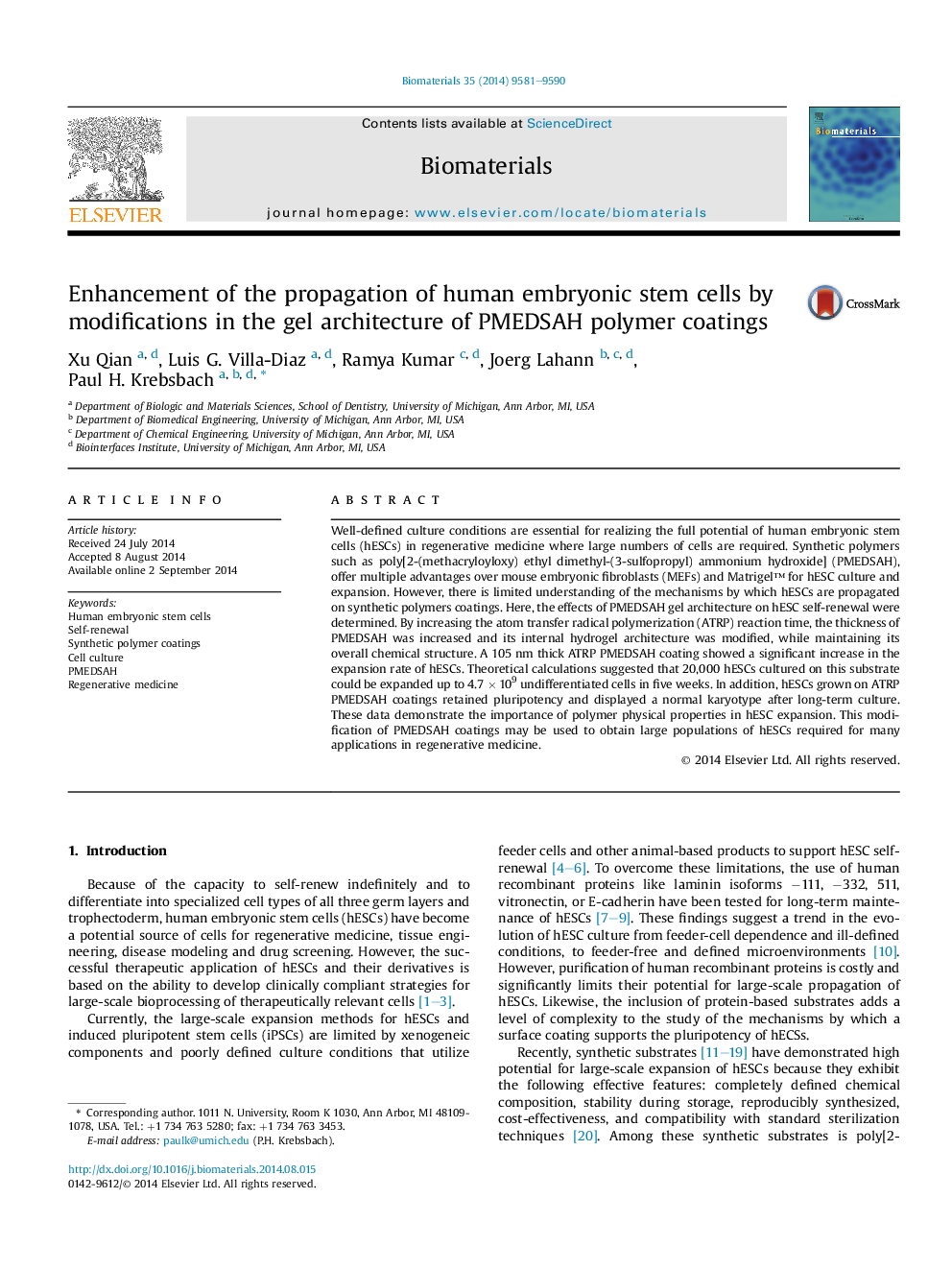 Enhancement of the propagation of human embryonic stem cells by modifications in the gel architecture of PMEDSAH polymer coatings