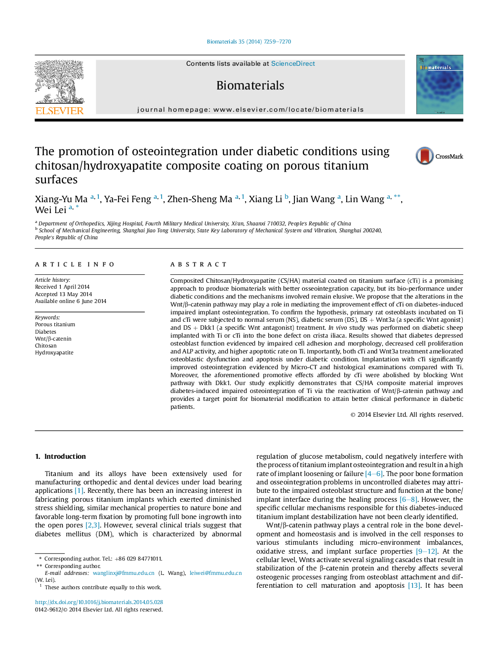 The promotion of osteointegration under diabetic conditions using chitosan/hydroxyapatite composite coating on porous titanium surfaces