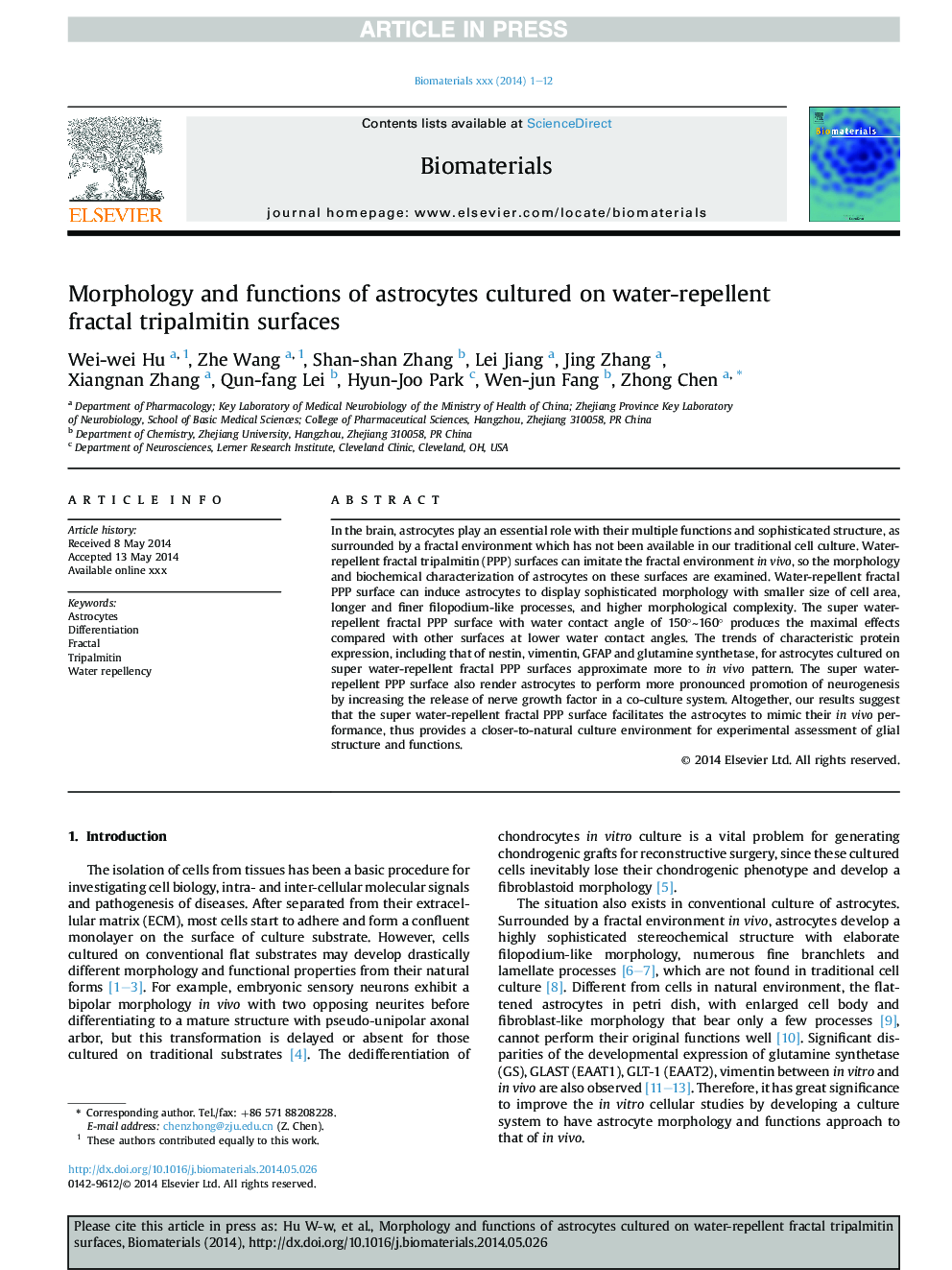 Morphology and functions of astrocytes cultured on water-repellent fractal tripalmitin surfaces