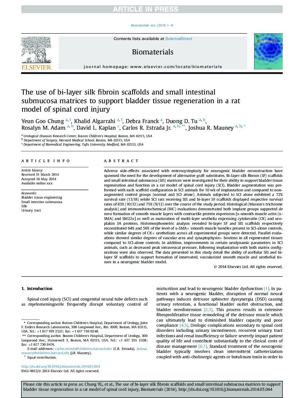 The use of bi-layer silk fibroin scaffolds and small intestinal submucosa matrices to support bladder tissue regeneration in a rat model of spinal cord injury