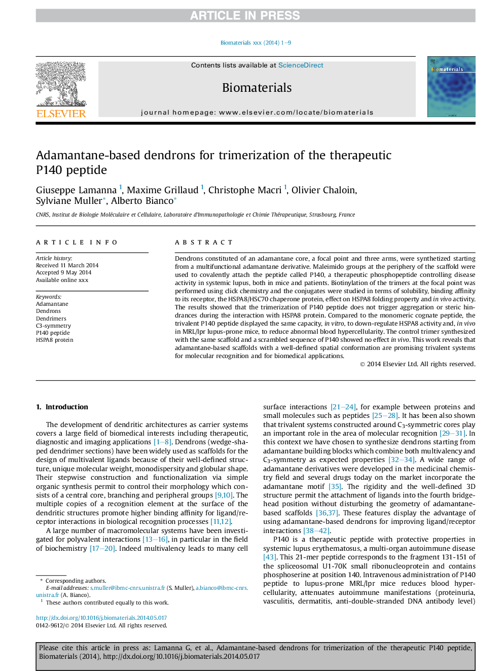 Adamantane-based dendrons for trimerization of the therapeutic P140 peptide