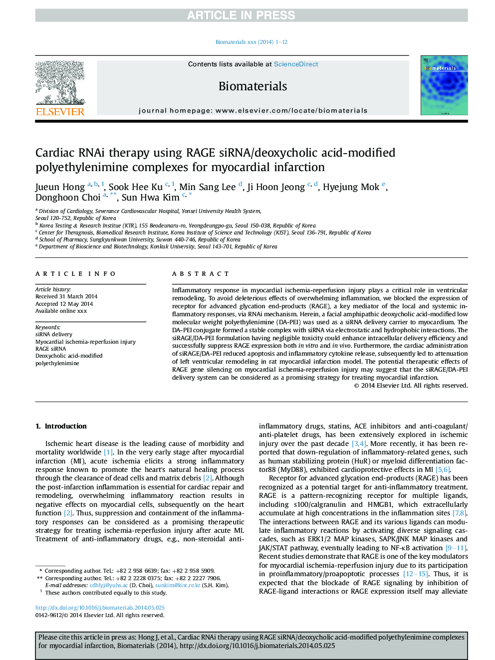 Cardiac RNAi therapy using RAGE siRNA/deoxycholic acid-modified polyethylenimine complexes for myocardial infarction