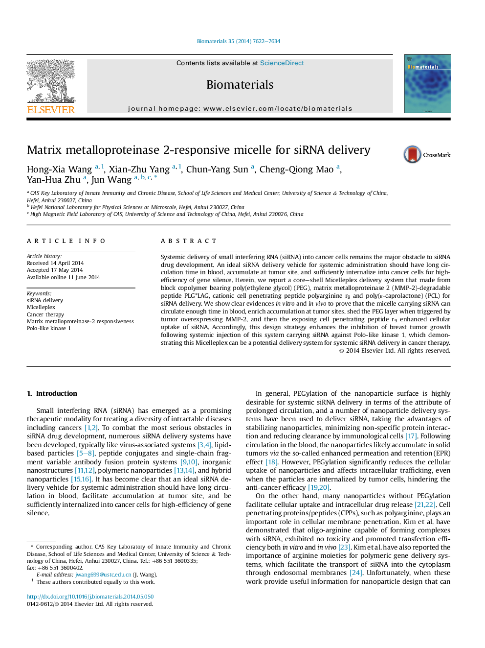 Matrix metalloproteinase 2-responsive micelle for siRNA delivery