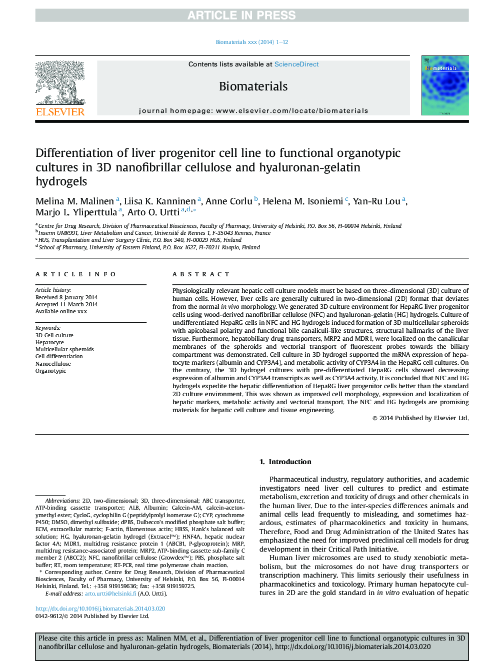 Differentiation of liver progenitor cell line to functional organotypic cultures in 3D nanofibrillar cellulose and hyaluronan-gelatin hydrogels