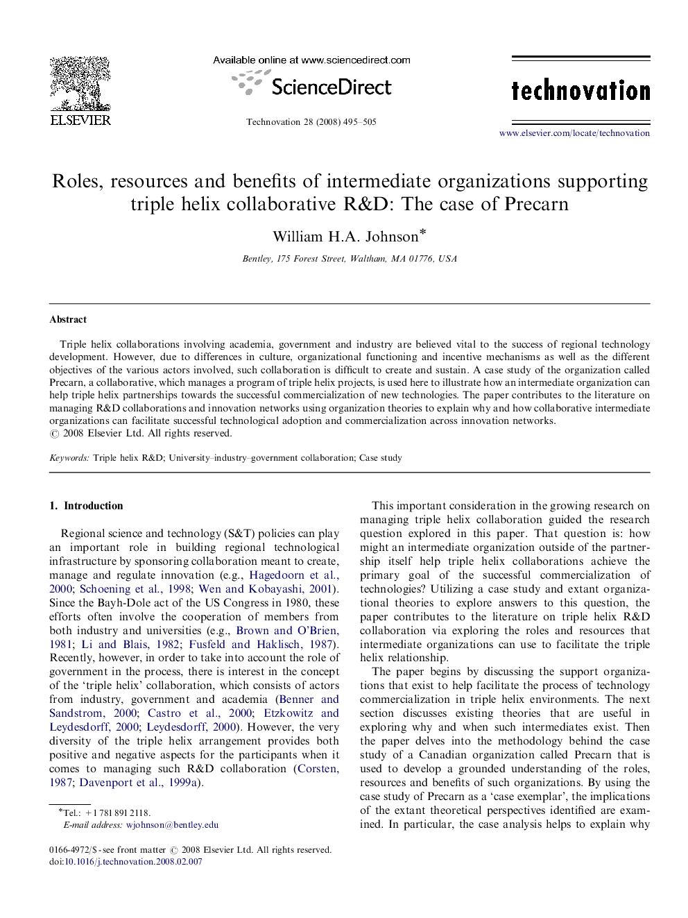 Roles, resources and benefits of intermediate organizations supporting triple helix collaborative R&D: The case of Precarn