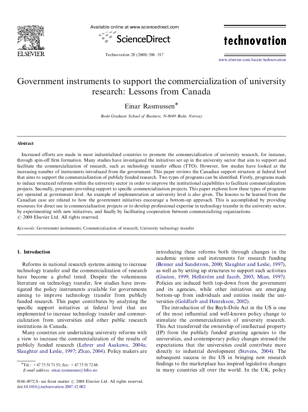 Government instruments to support the commercialization of university research: Lessons from Canada