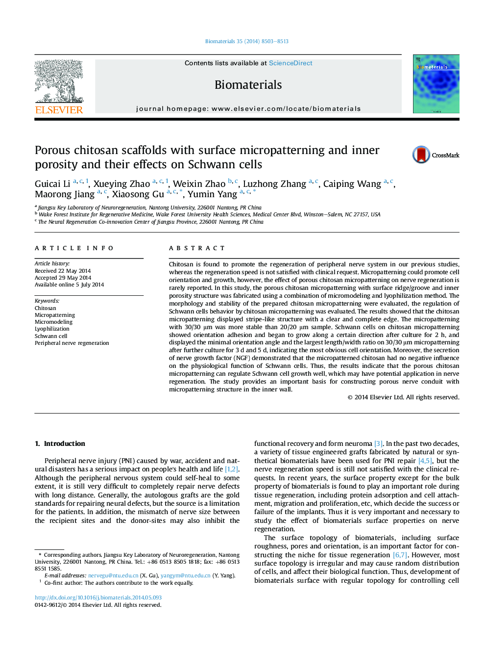 Porous chitosan scaffolds with surface micropatterning and inner porosity and their effects on Schwann cells