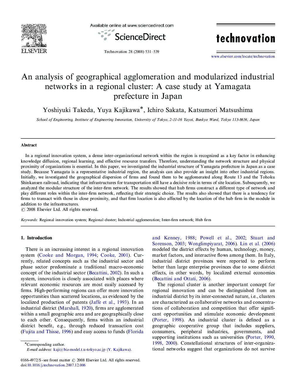 An analysis of geographical agglomeration and modularized industrial networks in a regional cluster: A case study at Yamagata prefecture in Japan