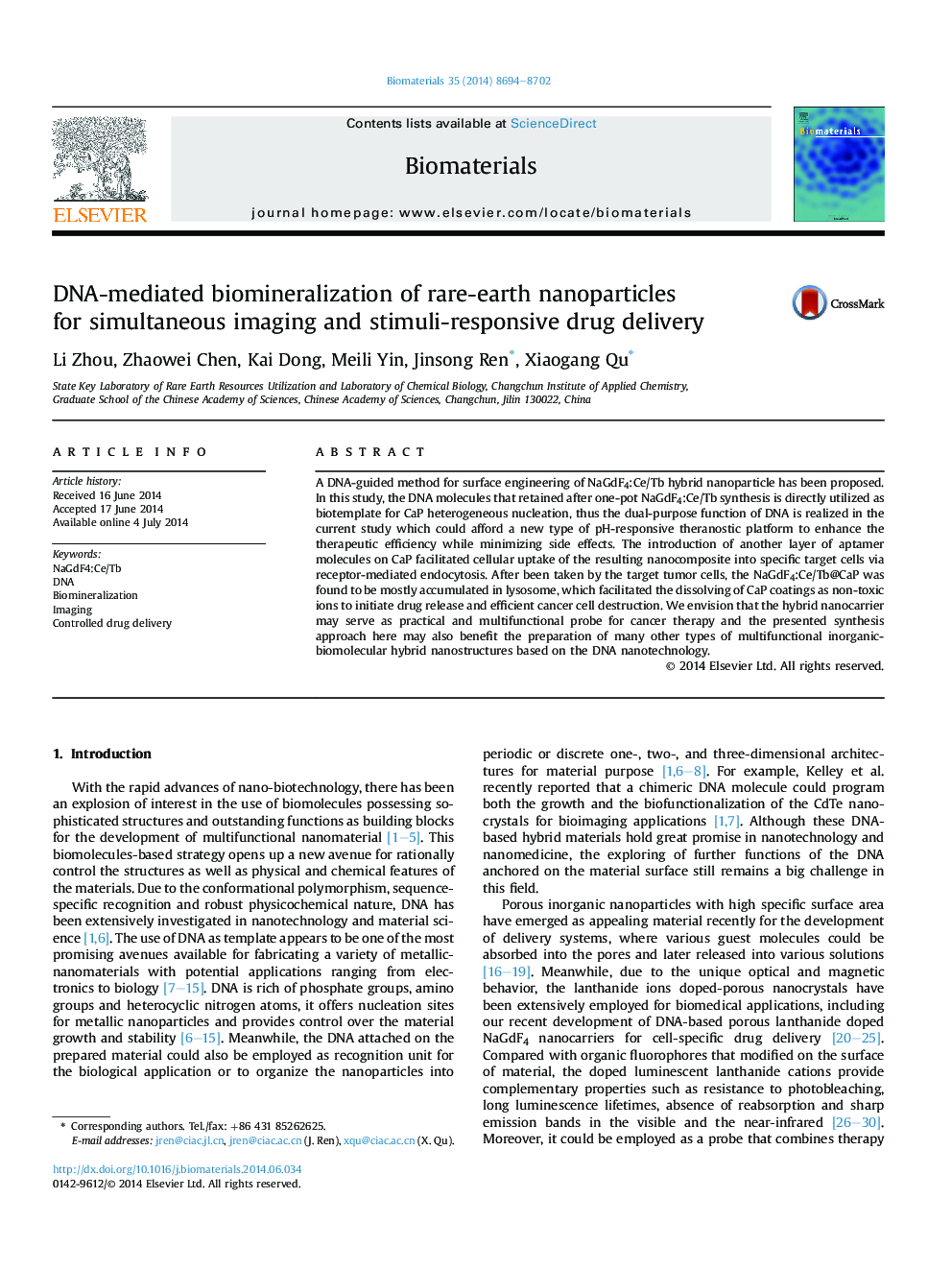 DNA-mediated biomineralization of rare-earth nanoparticles forÂ simultaneous imaging and stimuli-responsive drug delivery