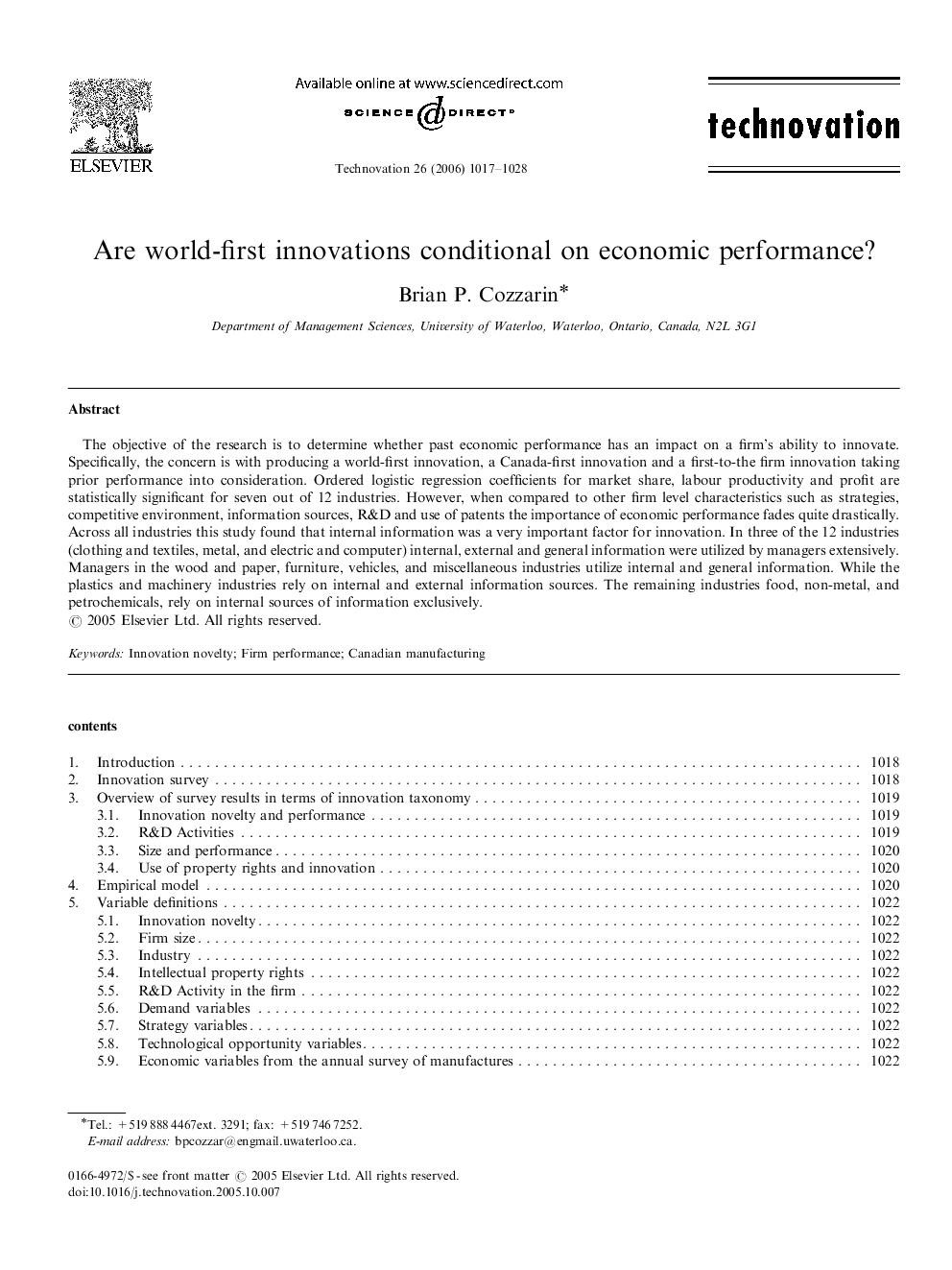 Are world-first innovations conditional on economic performance?