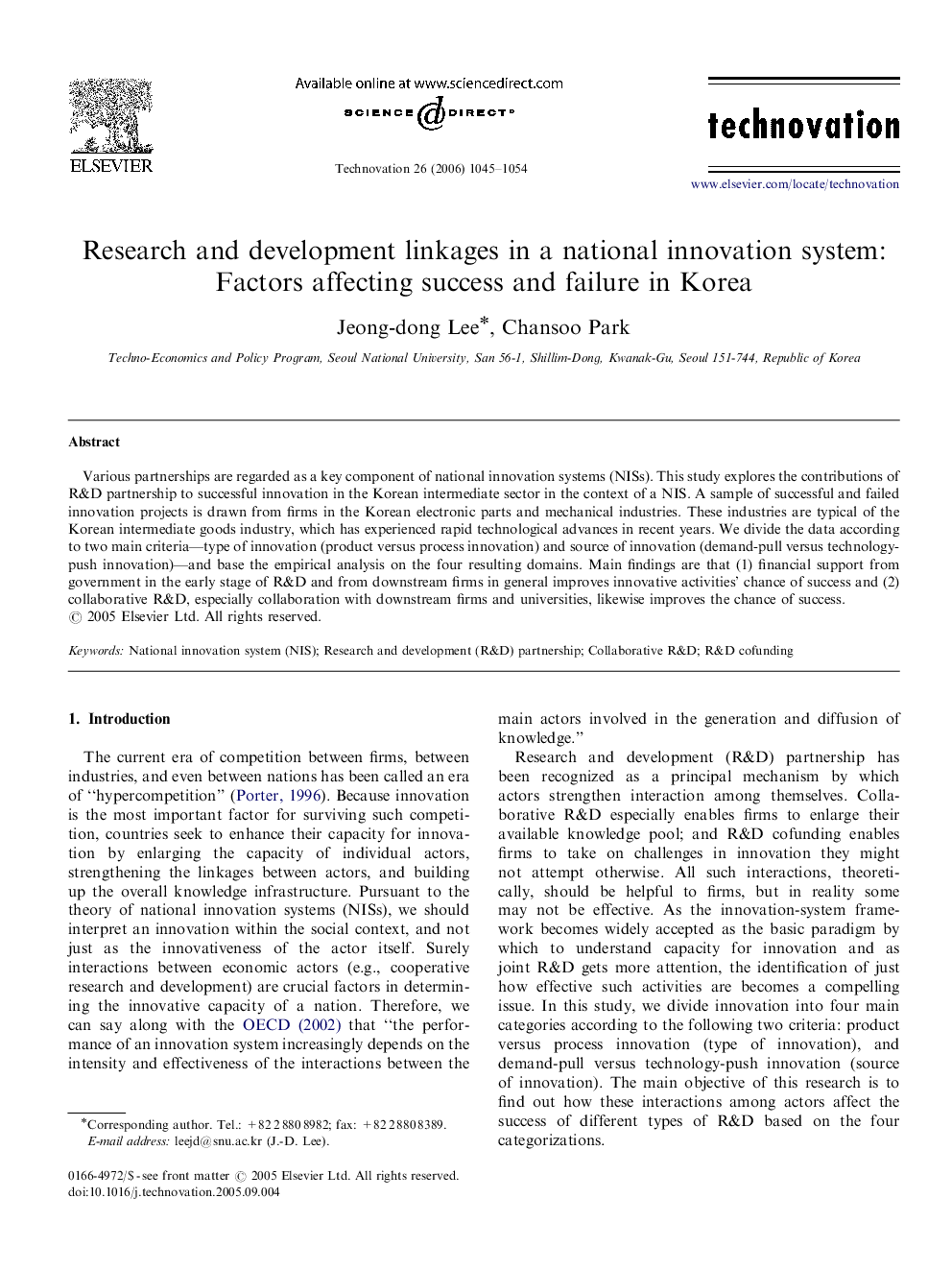 Research and development linkages in a national innovation system: Factors affecting success and failure in Korea