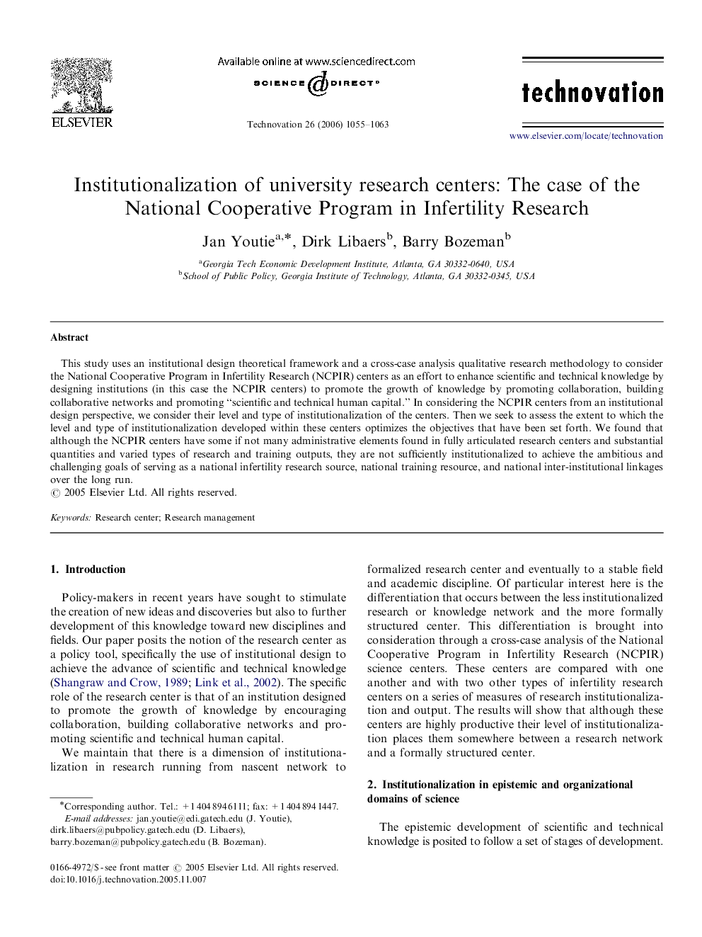 Institutionalization of university research centers: The case of the National Cooperative Program in Infertility Research