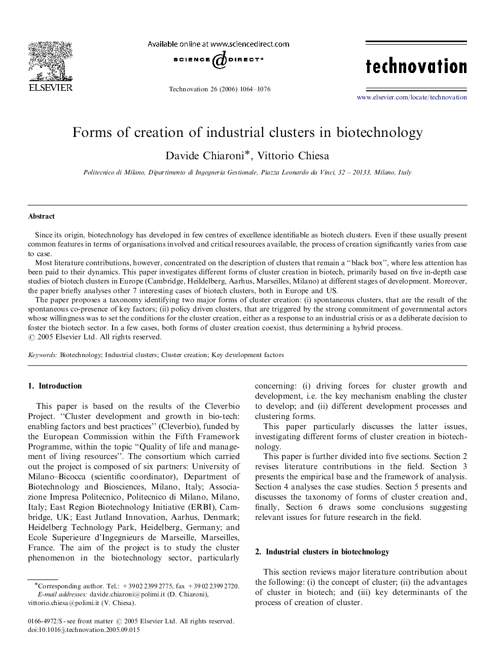 Forms of creation of industrial clusters in biotechnology