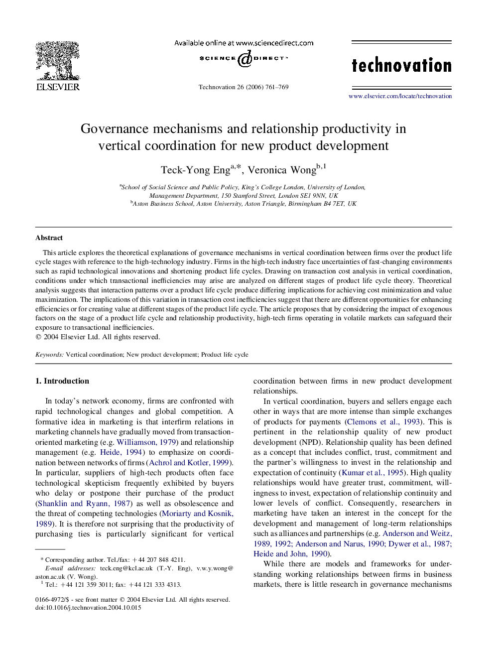 Governance mechanisms and relationship productivity in vertical coordination for new product development