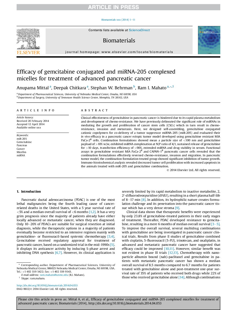 Efficacy of gemcitabine conjugated and miRNA-205 complexed micelles for treatment of advanced pancreatic cancer