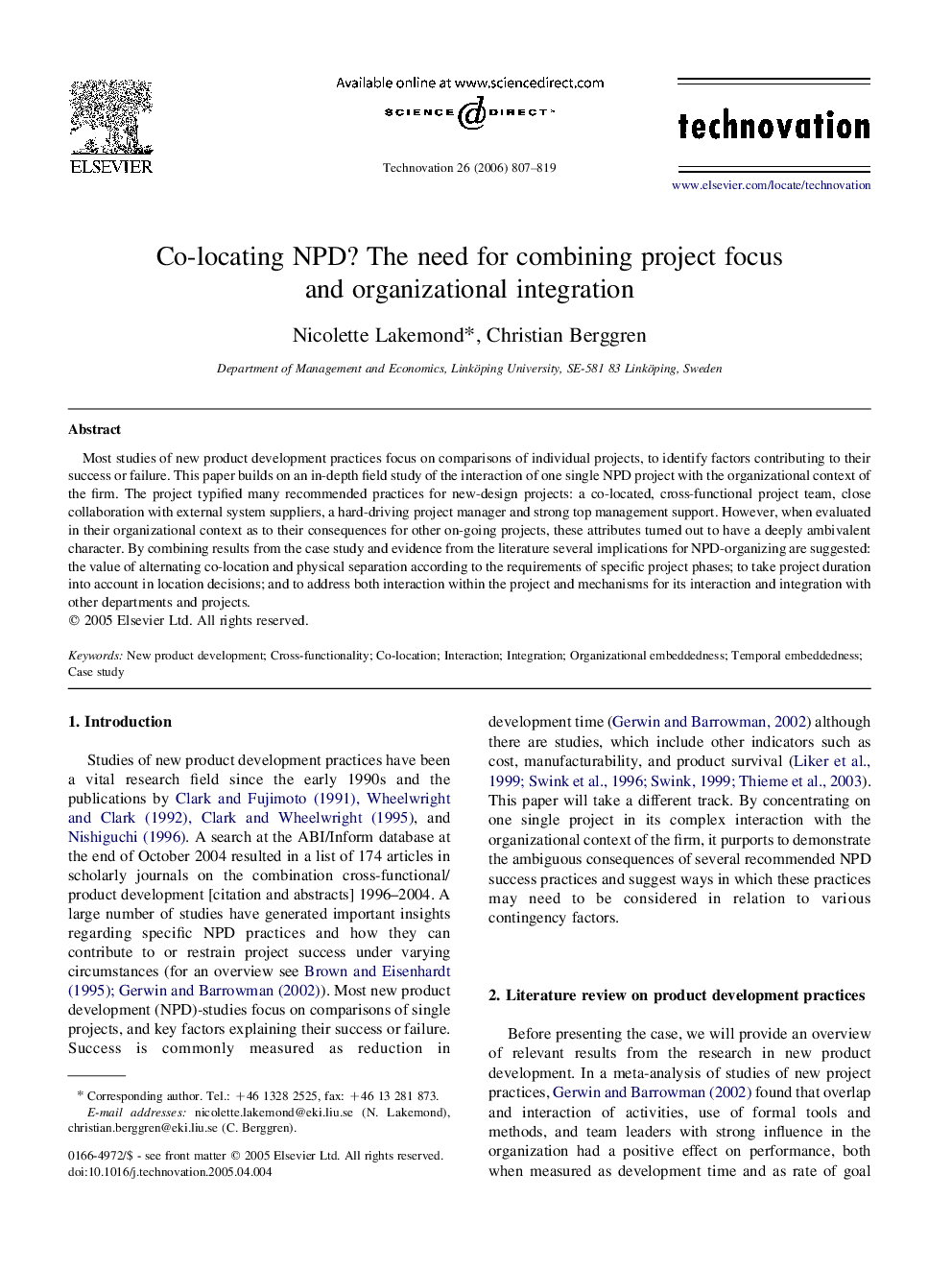 Co-locating NPD? The need for combining project focus and organizational integration