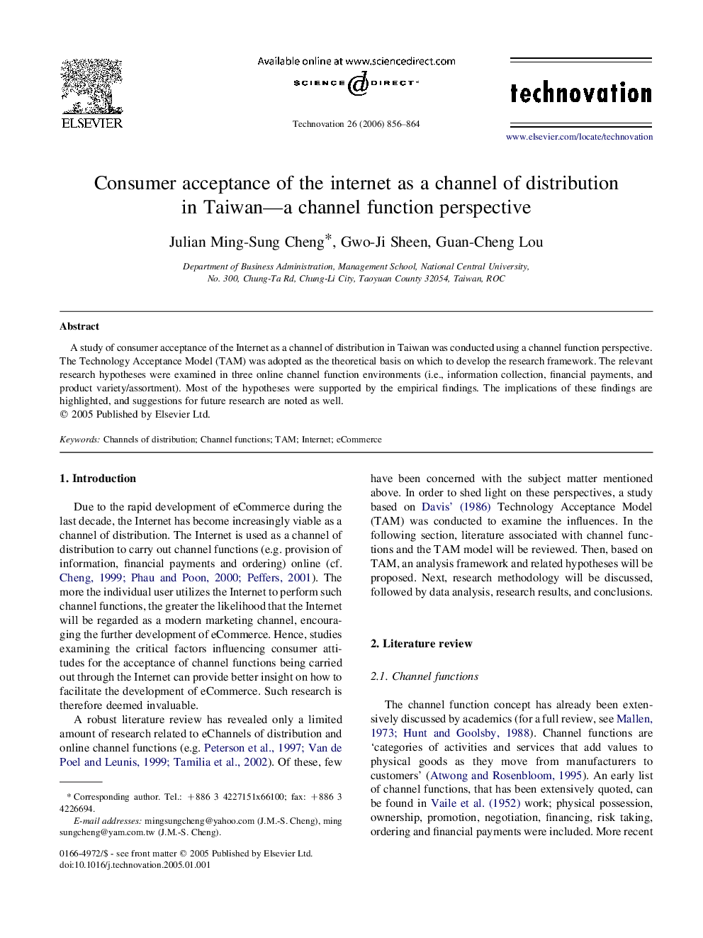 Consumer acceptance of the internet as a channel of distribution in Taiwan—a channel function perspective