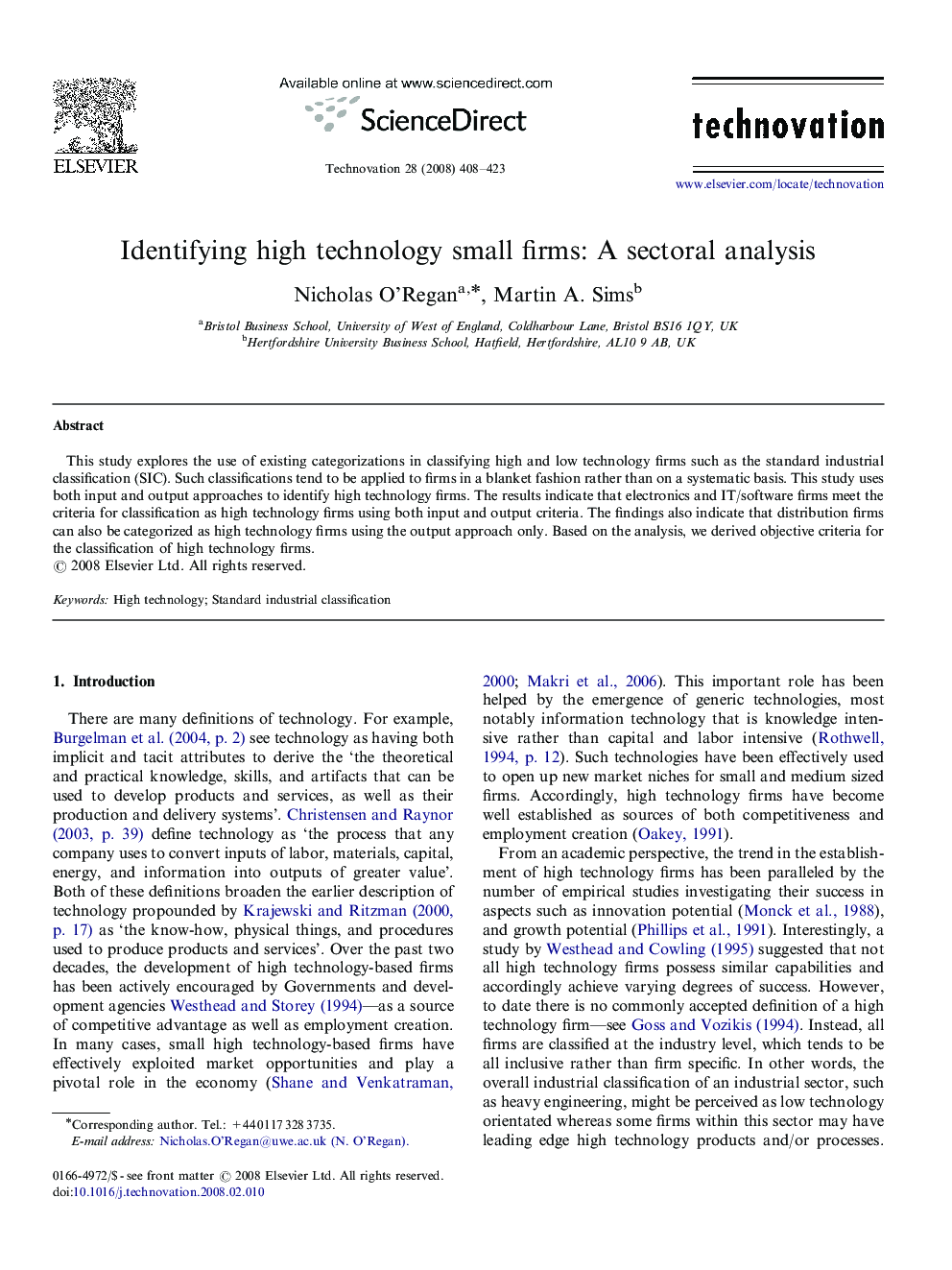 Identifying high technology small firms: A sectoral analysis