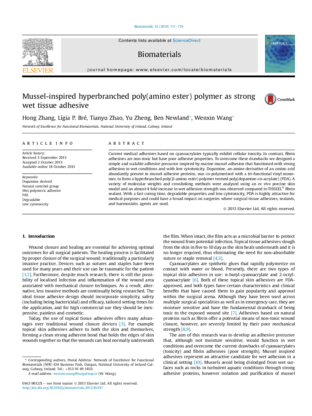 عکس صفحه اول مقاله: Mussel-inspired hyperbranched poly(amino ester) polymer as strong wet tissue adhesive Mussel-inspired hyperbranched poly(amino ester) polymer as strong wet tissue adhesive