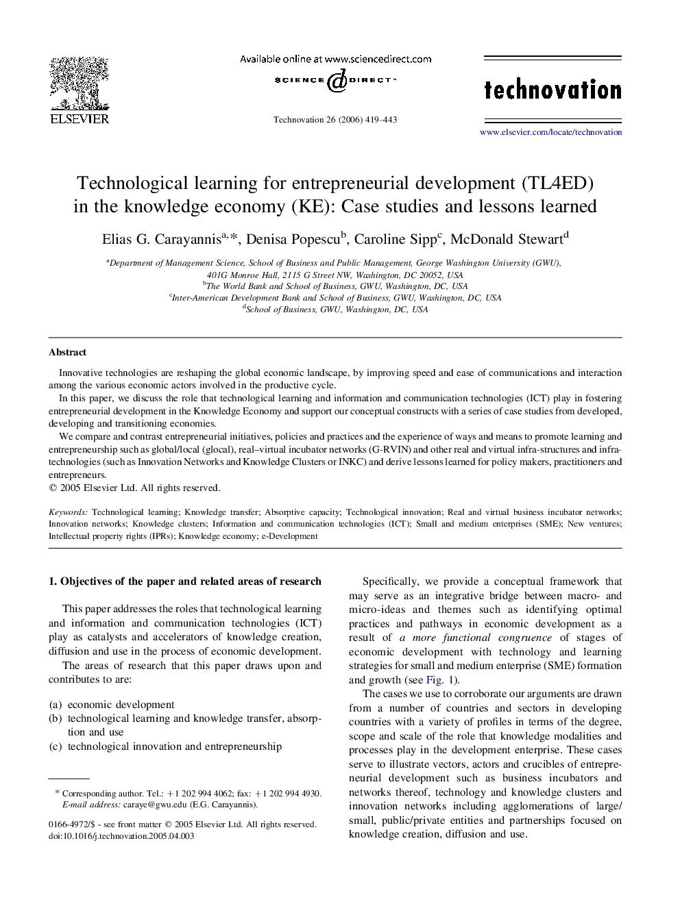 Technological learning for entrepreneurial development (TL4ED) in the knowledge economy (KE): Case studies and lessons learned