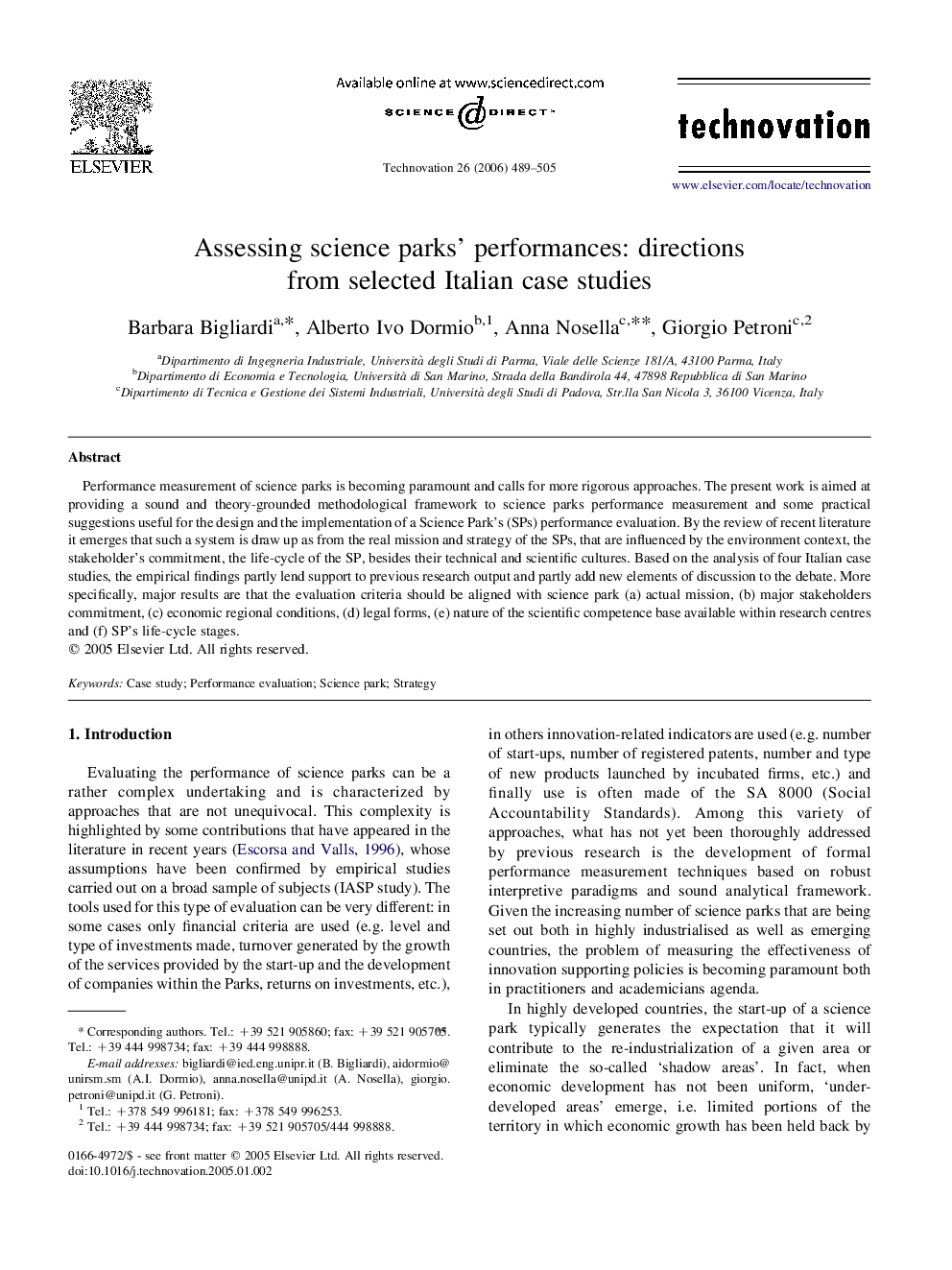 Assessing science parks' performances: directions from selected Italian case studies