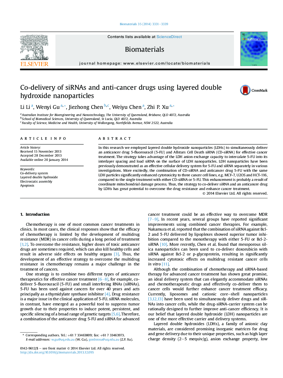 عکس صفحه اول مقاله: Co-delivery of siRNAs and anti-cancer drugs using layered double hydroxide nanoparticles Co-delivery of siRNAs and anti-cancer drugs using layered double hydroxide nanoparticles