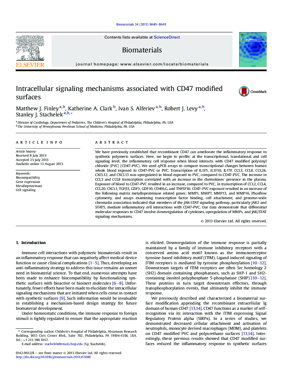 Intracellular signaling mechanisms associated with CD47 modified surfaces