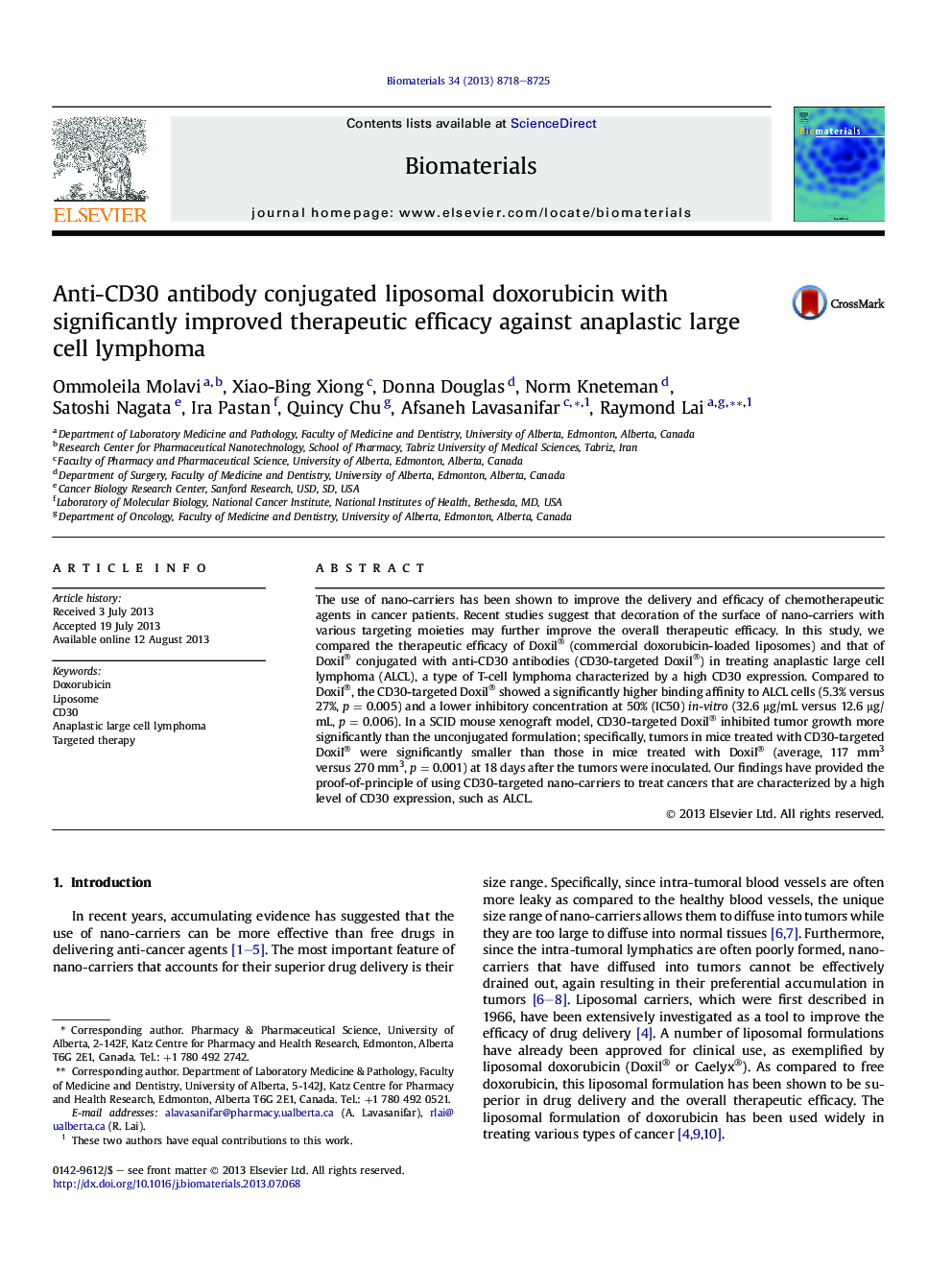 Anti-CD30 antibody conjugated liposomal doxorubicin with significantly improved therapeutic efficacy against anaplastic large cell lymphoma