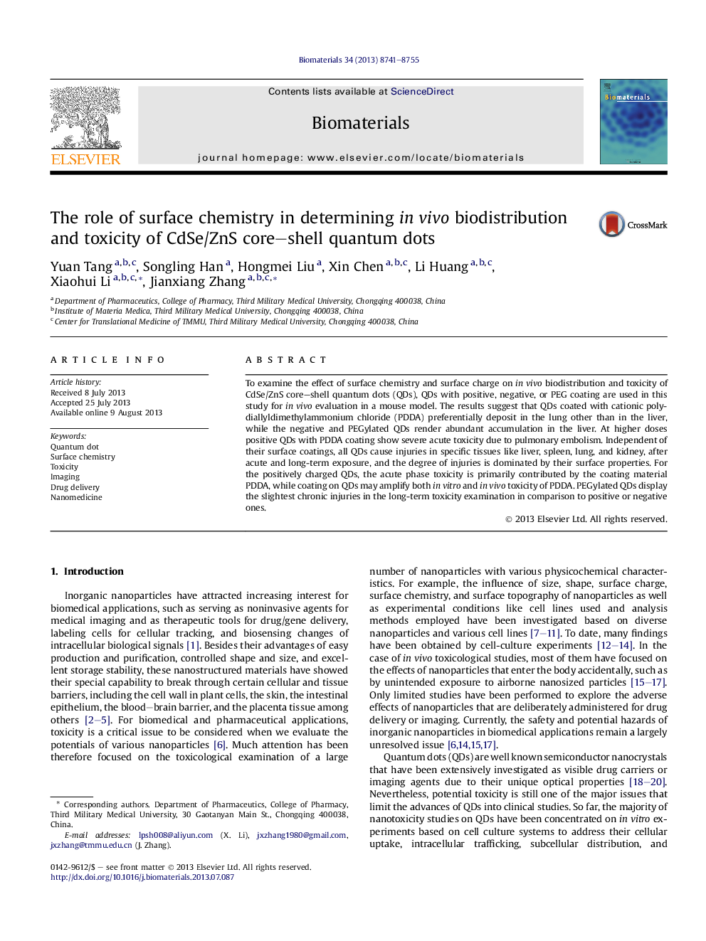 عکس صفحه اول مقاله: The role of surface chemistry in determining in vivo biodistribution and toxicity of CdSe/ZnS core-shell quantum dots The role of surface chemistry in determining in vivo biodistribution and toxicity of CdSe/ZnS core-shell quantum dots