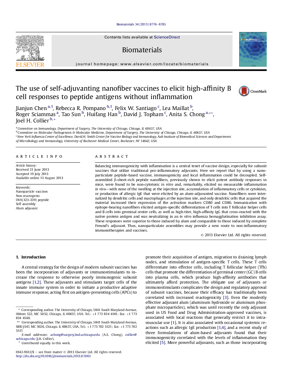 The use of self-adjuvanting nanofiber vaccines to elicit high-affinity B cell responses to peptide antigens without inflammation