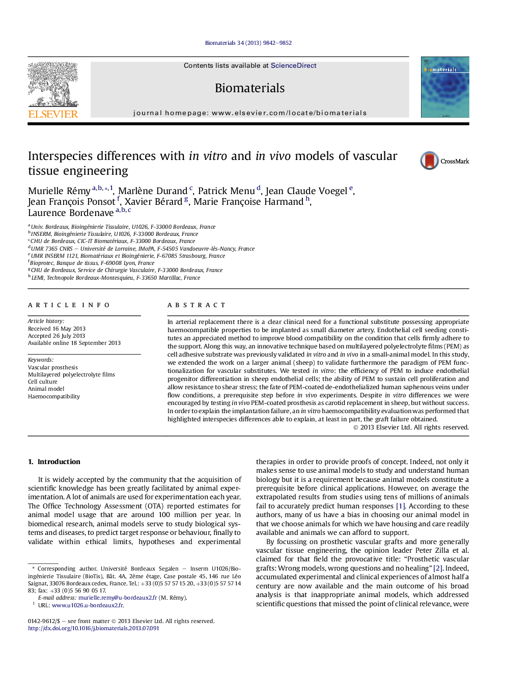 Interspecies differences with inÂ vitro and inÂ vivo models of vascular tissue engineering