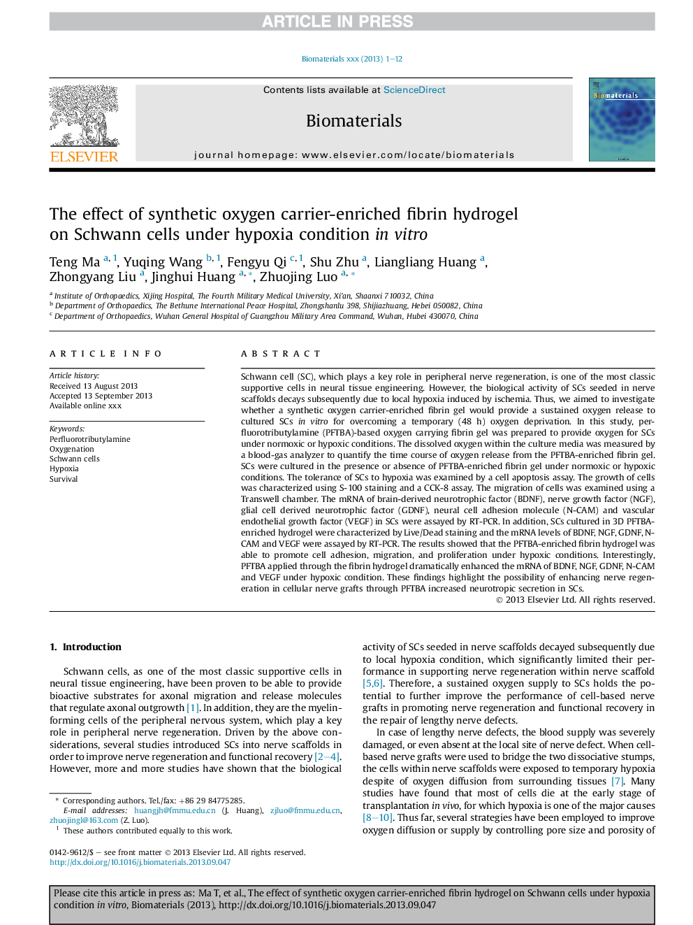 The effect of synthetic oxygen carrier-enriched fibrin hydrogel onÂ Schwann cells under hypoxia condition inÂ vitro