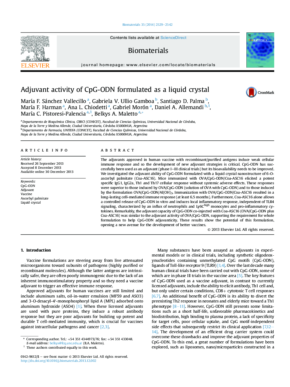 Adjuvant activity of CpG-ODN formulated as a liquid crystal