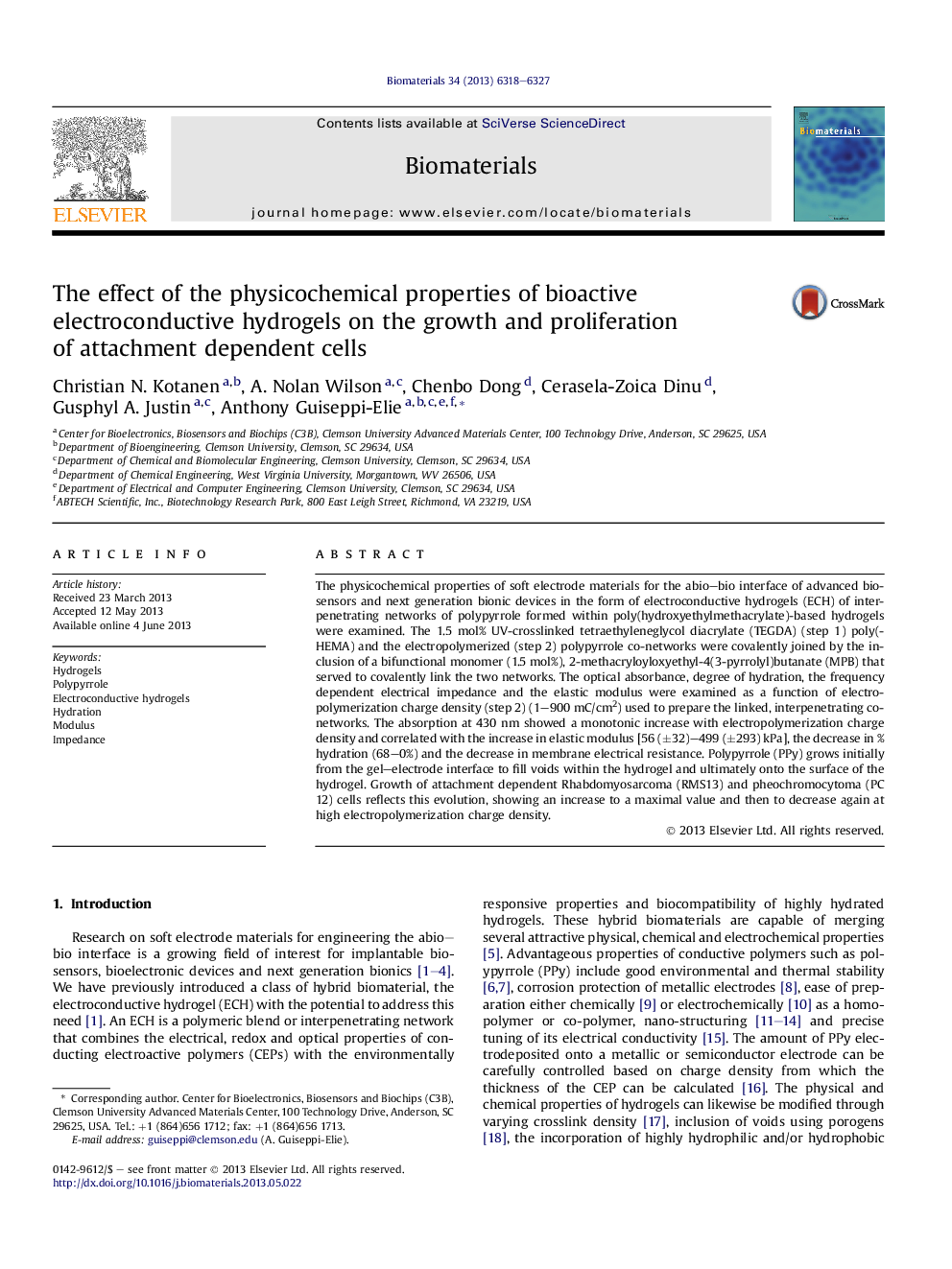 The effect of the physicochemical properties of bioactive electroconductive hydrogels on the growth and proliferation of attachment dependent cells