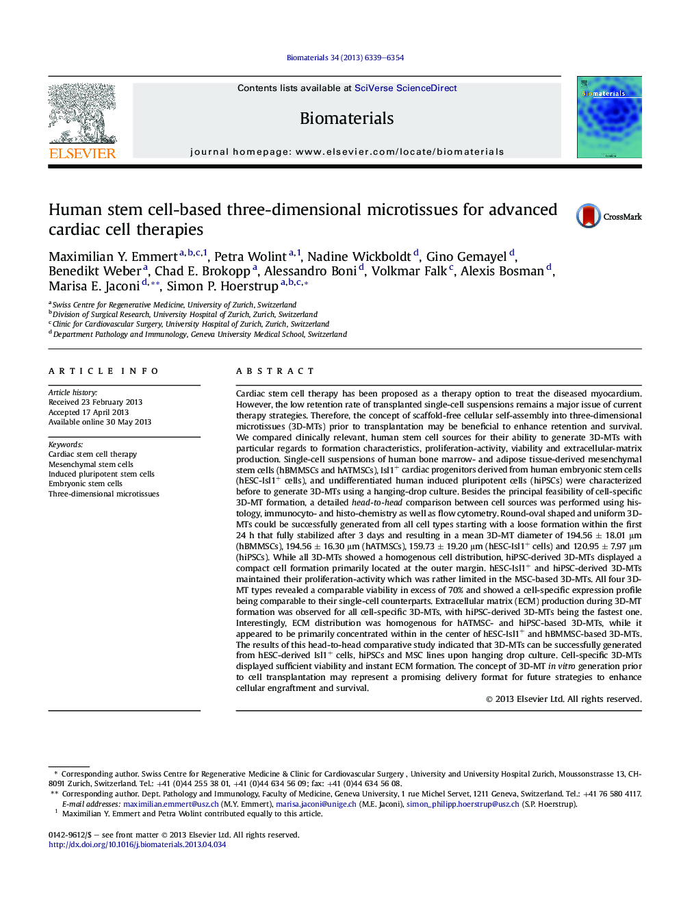 Human stem cell-based three-dimensional microtissues for advanced cardiac cell therapies