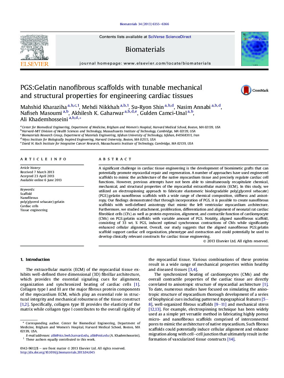 PGS:Gelatin nanofibrous scaffolds with tunable mechanical andÂ structural properties for engineering cardiac tissues