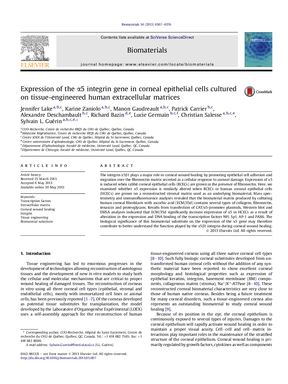 Expression of the Î±5 integrin gene in corneal epithelial cells cultured on tissue-engineered human extracellular matrices