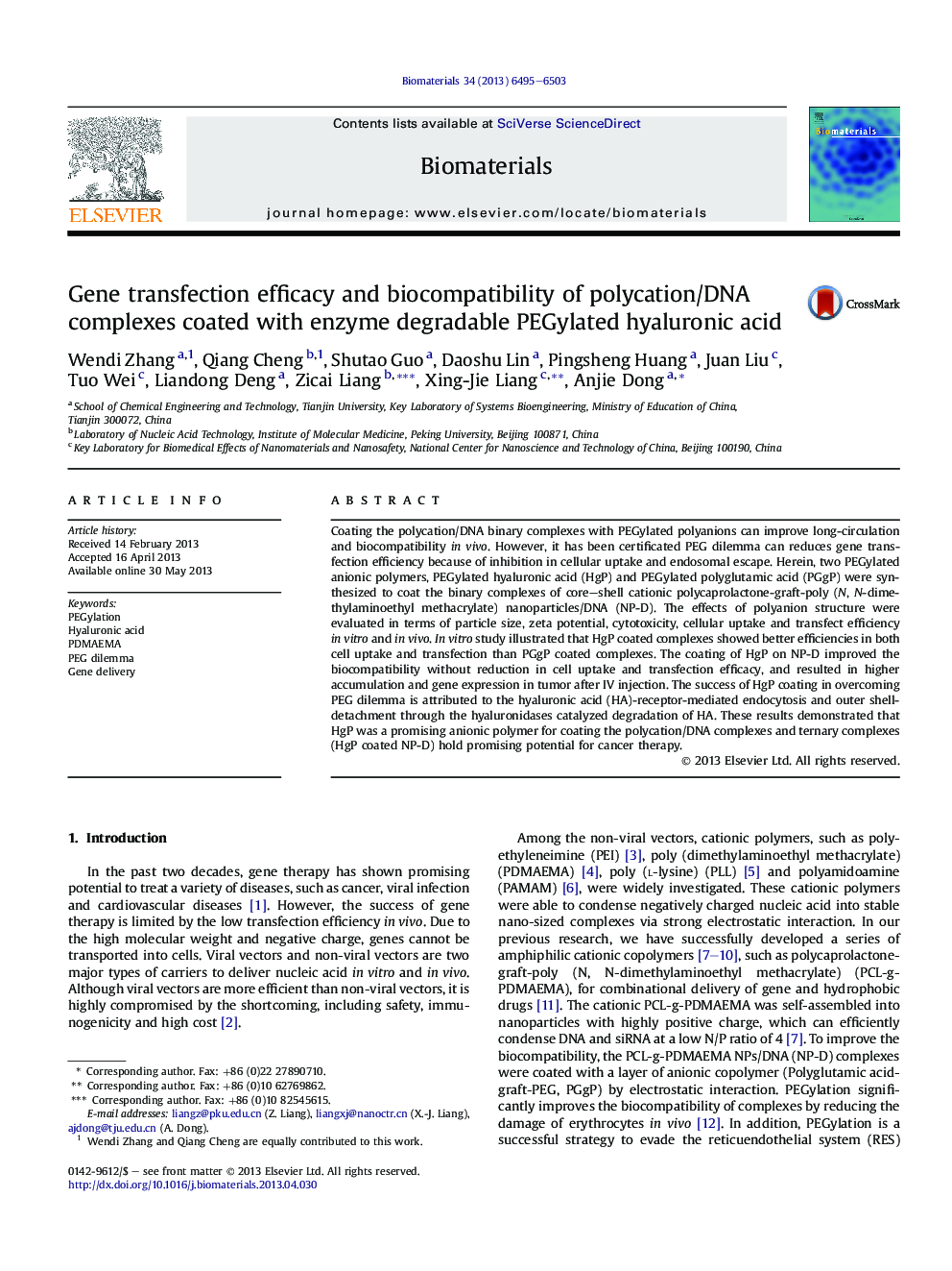 Gene transfection efficacy and biocompatibility of polycation/DNA complexes coated with enzyme degradable PEGylated hyaluronic acid