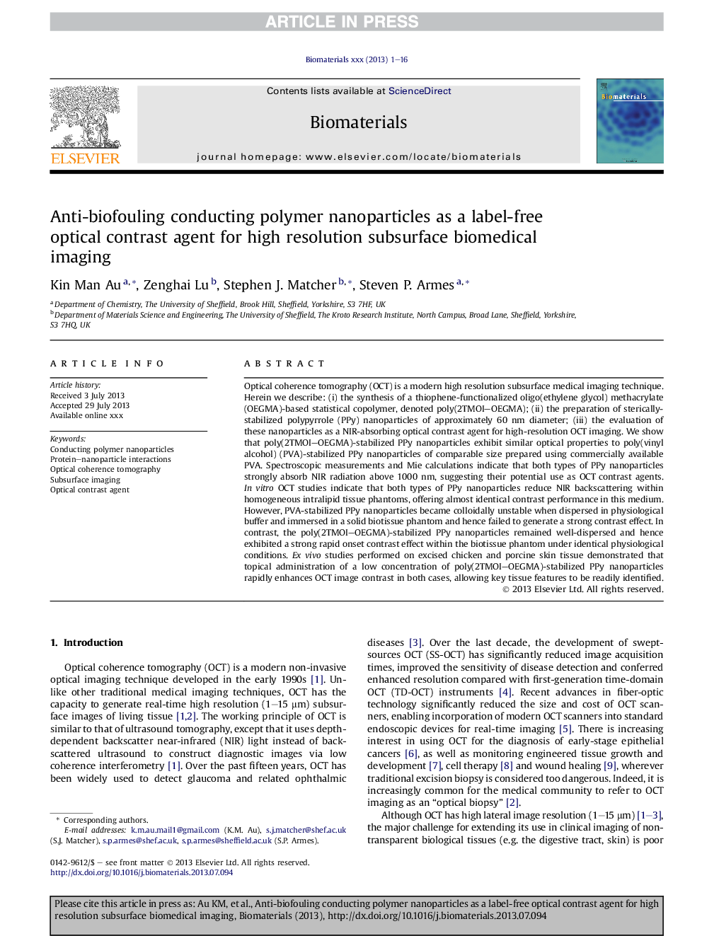 Anti-biofouling conducting polymer nanoparticles as a label-free optical contrast agent for high resolution subsurface biomedical imaging