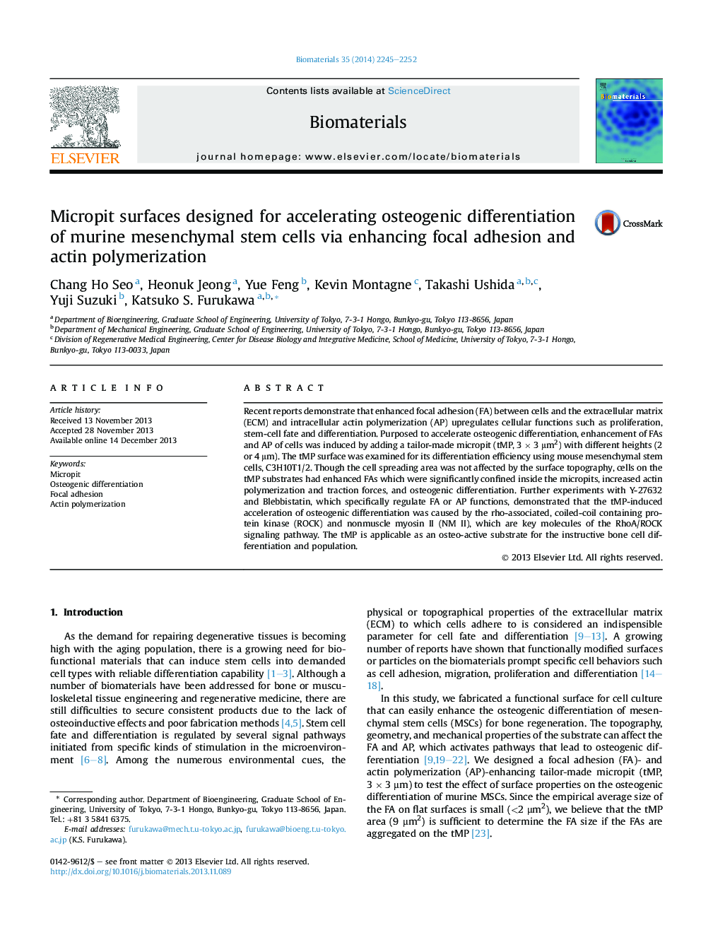 Micropit surfaces designed for accelerating osteogenic differentiation of murine mesenchymal stem cells via enhancing focal adhesion and actin polymerization