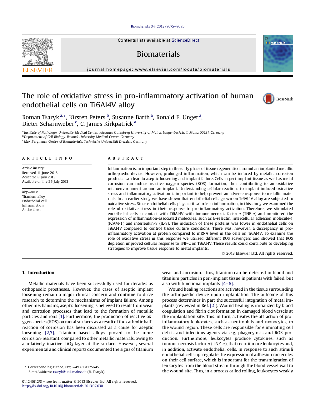 The role of oxidative stress in pro-inflammatory activation of human endothelial cells on Ti6Al4V alloy