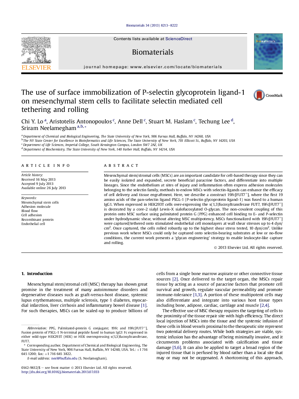 The use of surface immobilization of P-selectin glycoprotein ligand-1 on mesenchymal stem cells to facilitate selectin mediated cell tethering and rolling