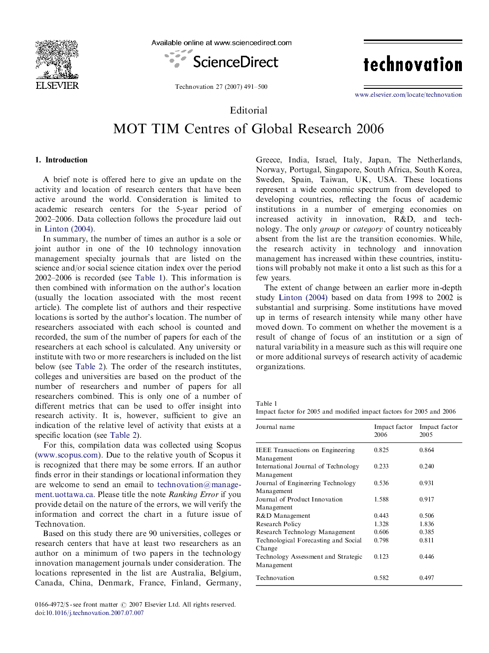 MOT TIM Centres of Global Research 2006