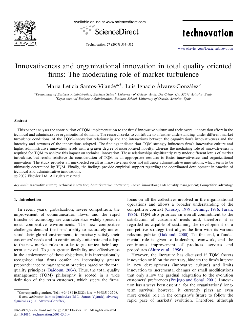 Innovativeness and organizational innovation in total quality oriented firms: The moderating role of market turbulence