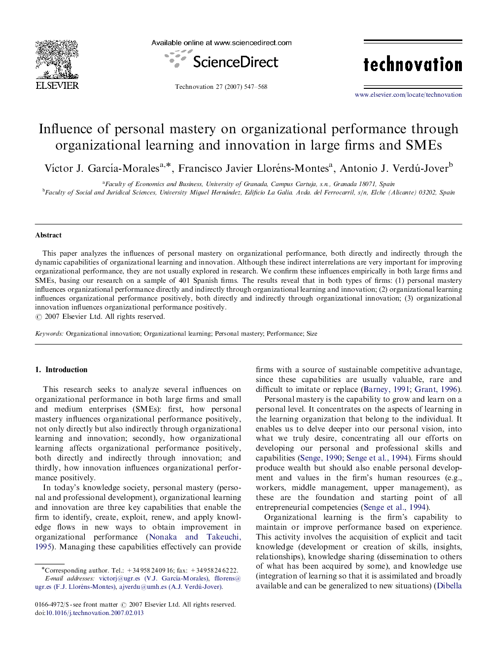 Influence of personal mastery on organizational performance through organizational learning and innovation in large firms and SMEs