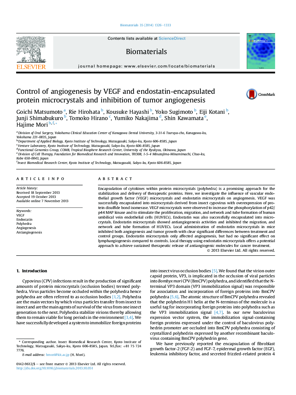 Control of angiogenesis by VEGF and endostatin-encapsulated protein microcrystals and inhibition of tumor angiogenesis